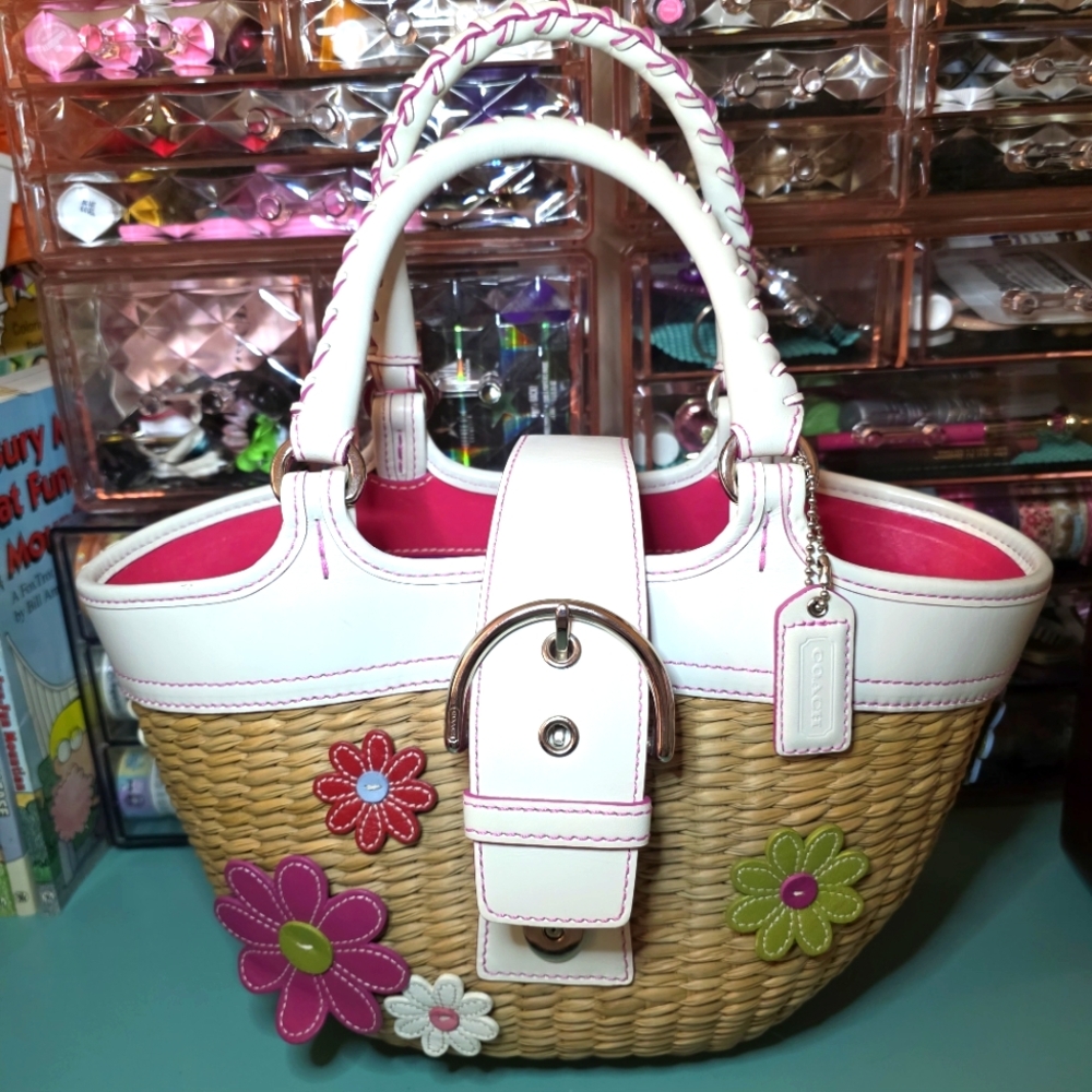 Coach White and Tan Floral Tote Bag